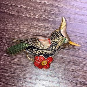 Vintage Bird Brooch Pin Layered Textured Red and Gold Tone Made in Spain